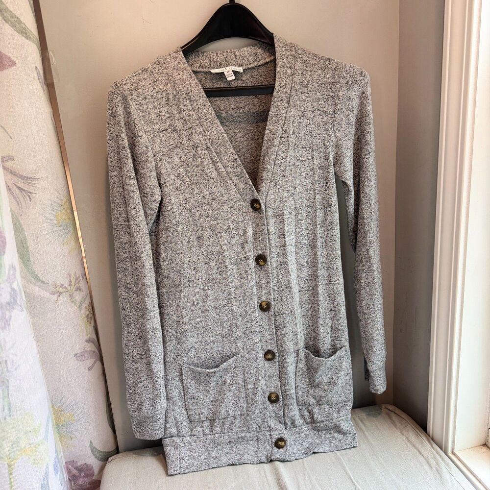 Moa Moa Womens Black White Heathered Cardigan Sweater Soft Knit Long Sleeve XS